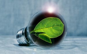 bombilla que utiliza energÃa ecológica bombilla recostada con una hoja verde en su interior