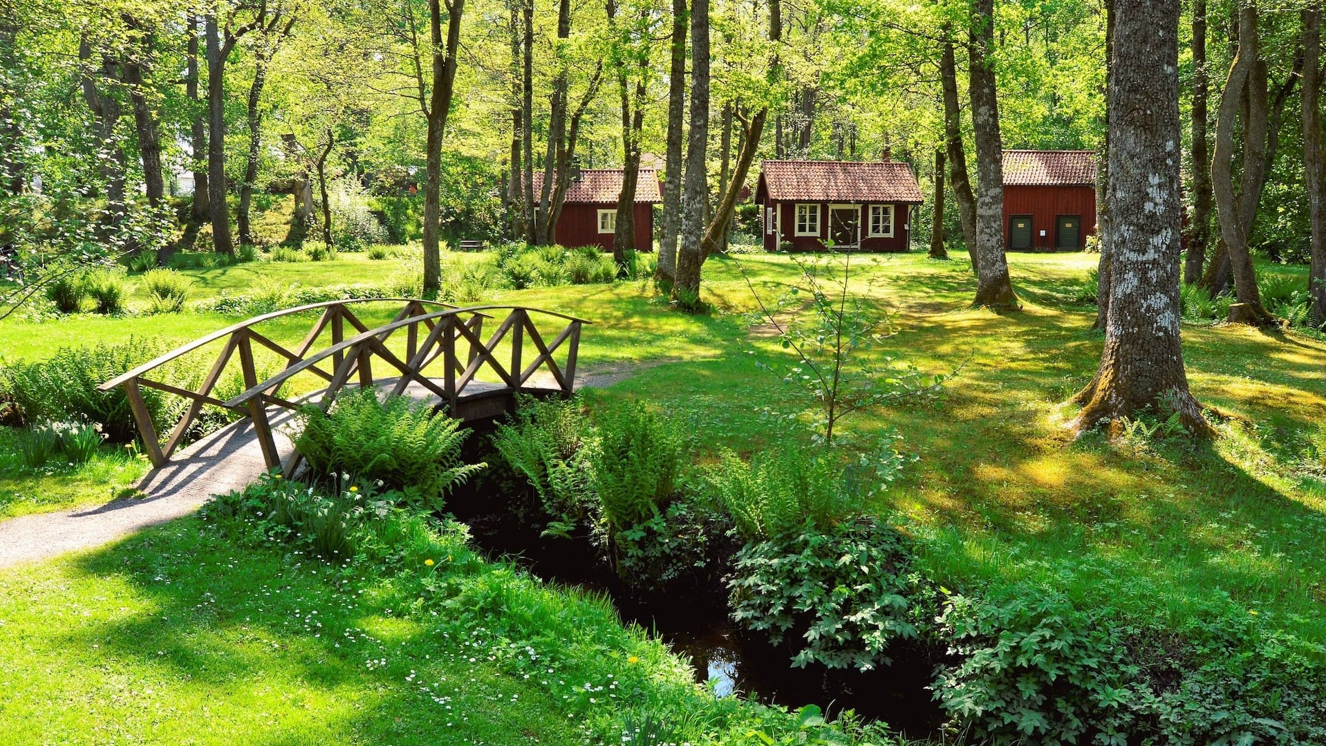 A wooden bridge that connects two areas of a park.