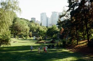 people on the green grass field near high-rise buildings at daytime